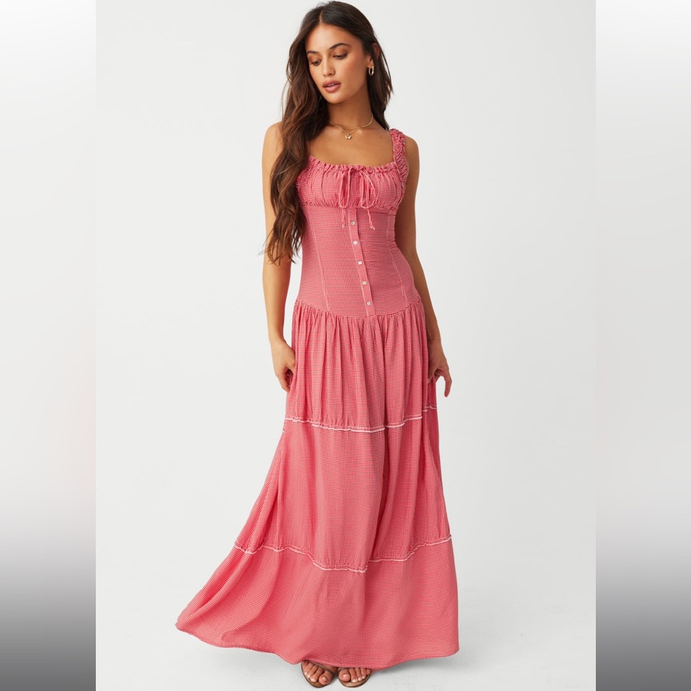 Frankie’s Bikinis Christabelle Ruffle Maxi Dress in Ladybug Gingham